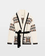 Ivory knit cardigan with geometric Fair Isle pattern and black tie belt
