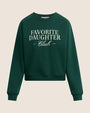 Favorite Daughter Club dark green crewneck sweatshirt featuring a white graphic logo print, shown on a plain background.