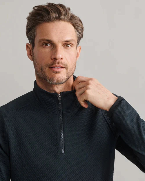 Close-up of a black textured quarter-zip performance pullover featuring a mock neck collar, quarter-zip closure, and breathable waffle-knit fabric.