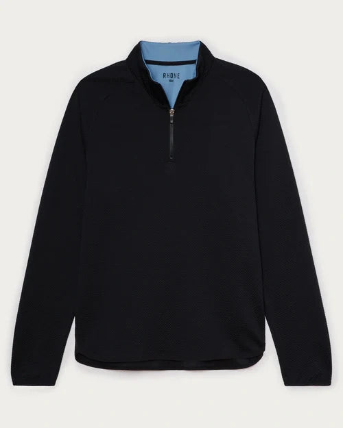 Black textured quarter-zip performance pullover with long sleeves, mock neck collar, and breathable athletic fabric displayed on a light gray background.