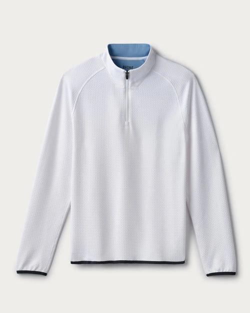 White textured quarter-zip performance pullover with long sleeves, mock neck collar, and lightweight athletic design on a light gray background.