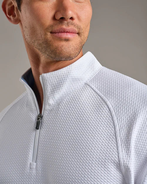 Close-up of a white textured quarter-zip performance pullover featuring a mock neck collar, zipper closure, and breathable knit fabric.