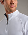 Close-up of a white textured quarter-zip performance pullover featuring a mock neck collar, zipper closure, and breathable knit fabric.