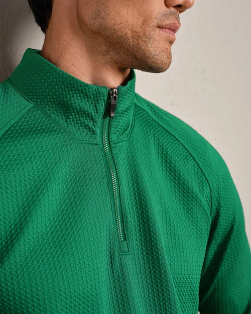 Close-up of a green textured quarter-zip performance pullover featuring a mock neck collar, zipper closure, and breathable waffle-knit fabric.