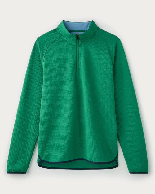 Green textured quarter-zip performance pullover with long sleeves, mock neck collar, and breathable waffle-knit fabric displayed on a light gray background.
