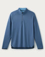 Blue textured quarter-zip performance pullover with long sleeves, mock neck collar, and lightweight athletic design displayed on a light gray background.