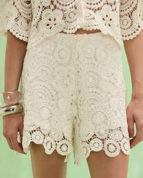 Women's white crochet lace shorts featuring intricate floral patterns, scalloped hem detailing, and a lightweight textured design.