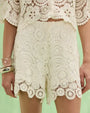 Women's white crochet lace shorts featuring intricate floral patterns, scalloped hem detailing, and a lightweight textured design.