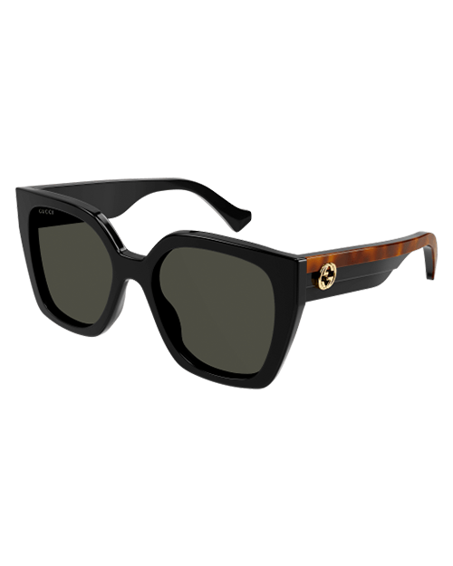 Oversize square sunglasses with gg logo on temple, temple with havana and black color. White background.