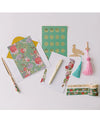 Stationery set with floral cards, gold and cream pens, tassels, and washi tapes on a white background. Vibrant, decorative, and elegant design.