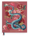 A pink planner cover with a blue snake intertwined among red and pink flowers. Gold text reads "24/25" at the top. The cover is elegant and vibrant.