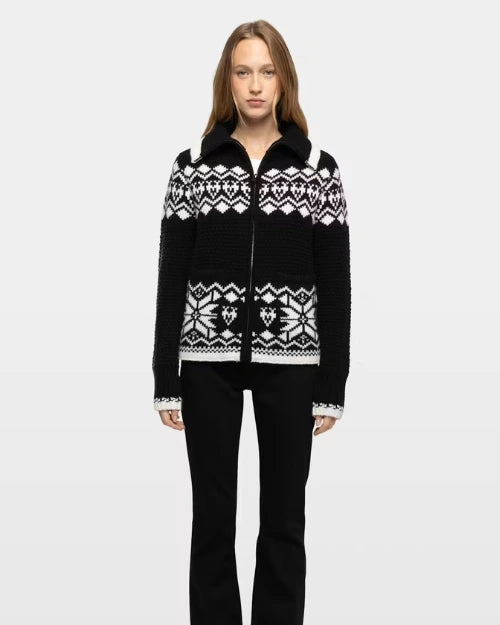 Black and white Fair Isle knit zip cardigan with geometric snowflake pattern