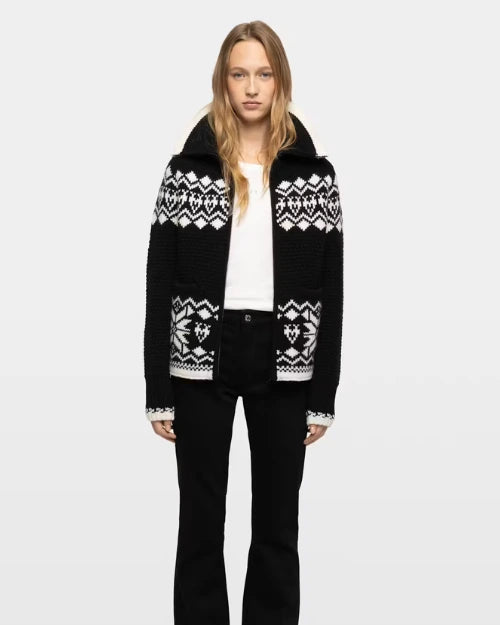 Black and white Fair Isle knit cardigan with zip front and geometric pattern