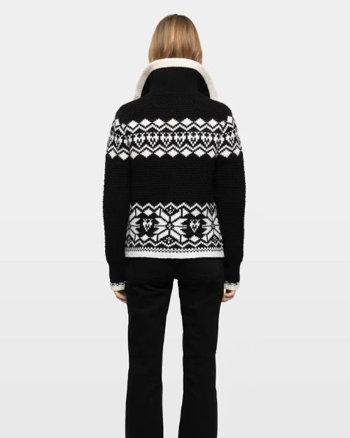 Back view of black and white Fair Isle knit cardigan with geometric pattern