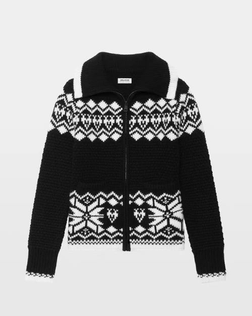 Black and white Fair Isle knit zip cardigan with snowflake geometric pattern