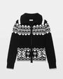 Black and white Fair Isle knit zip cardigan with snowflake geometric pattern