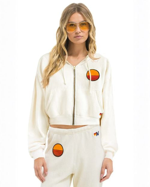 AVIATOR NATION | Sunset Patch Cropped Zip Hoodie | Vintage White