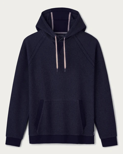Navy pullover hoodie with an adjustable drawstring hood, front kangaroo pocket, long sleeves, and ribbed cuffs displayed on a light gray background.