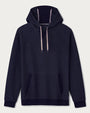 Navy pullover hoodie with an adjustable drawstring hood, front kangaroo pocket, long sleeves, and ribbed cuffs displayed on a light gray background.