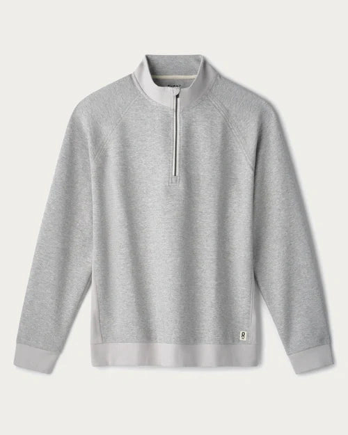 Light gray quarter-zip pullover with a mock neck collar, long sleeves, raglan seams, and soft knit fabric displayed on a light gray background.