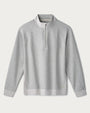 Light gray quarter-zip pullover with a mock neck collar, long sleeves, raglan seams, and soft knit fabric displayed on a light gray background.