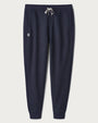Navy jogger sweatpants with an elastic waistband, adjustable drawstring, side pockets, tapered legs, and ribbed cuffs displayed on a light gray background.
