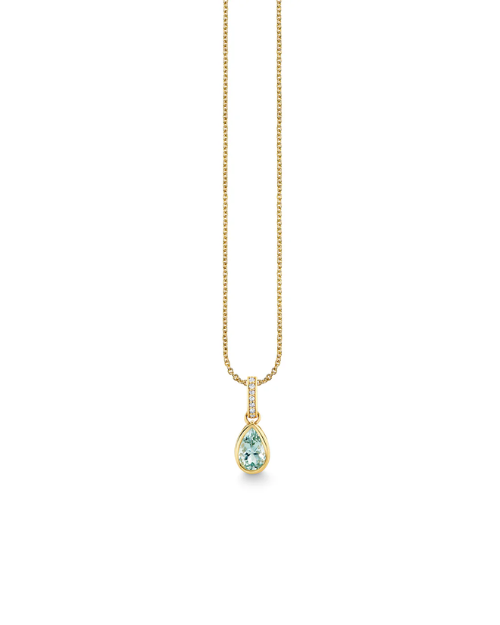Gold chain necklace with a pear-shaped aqua gemstone pendant and small diamond accent.
