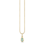 Gold chain necklace with a pear-shaped aqua gemstone pendant and small diamond accent.