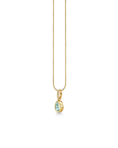 Gold necklace with a teardrop-shaped pendant on a white background
