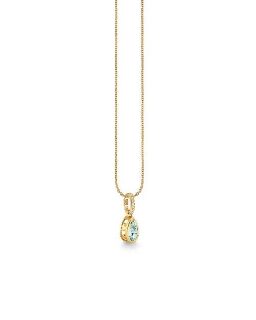 Gold necklace with a teardrop-shaped pendant on a white background