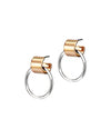 Two tone Faye earrings, huggie part is gold and silver is the hoop on a white background.