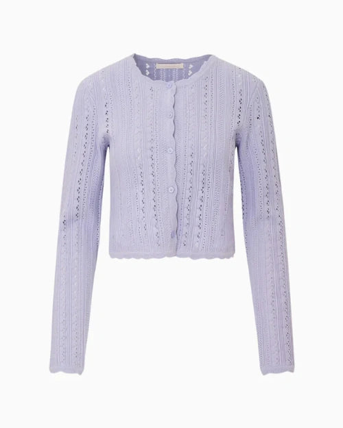 Light lavender pointelle knit cardigan with scalloped trim, long sleeves, and a button-front closure displayed on a white background.