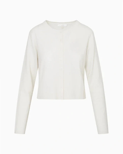 White lightweight knit cardigan with a crew neckline, long sleeves, and concealed button-front closure displayed on a plain white background.
