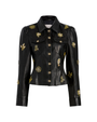 Black jacket with gold embellishments  and gold buttons against a white background.
