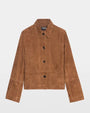 Brown suede jacket with pointed collar and button-front closure