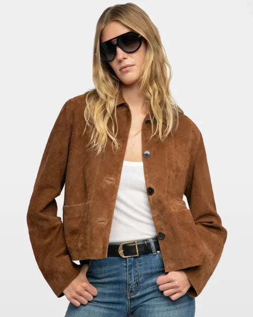 Brown suede jacket with button front and patch pockets