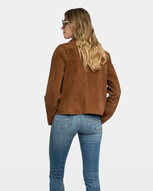 Back view of brown suede jacket with long sleeves and cropped hem