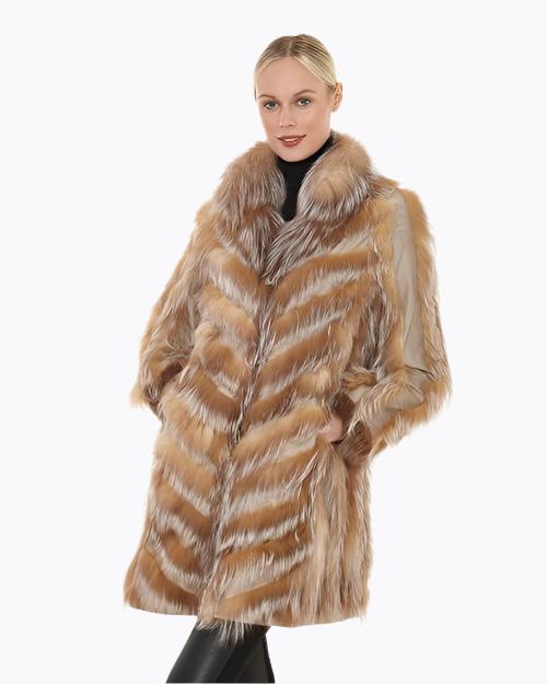 A knee-up view of a blonde model with her hair tied back wearing a luxurious, fluffy knee-length brown fur coat featuring a chevron pattern, over a black turtleneck shirt and leather pants. The background is plain white.