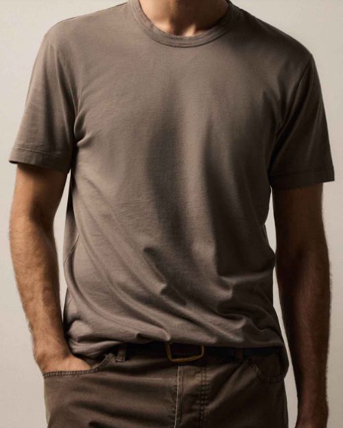 A man wearing a Brushed Lotus Crew t-shirt and jeans stands casually, showcasing a relaxed style.