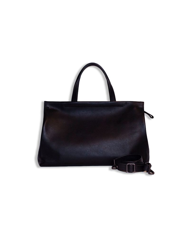 Black leather bag with a handle and detachable shoulder strap.