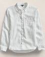 A white long sleeve shirt made of 100% linen with a button-down collar.