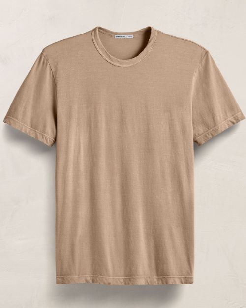 Coffee color cotton crew neck t-shirt on a white background, featuring short sleeves and a casual design.
