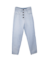 High waisted light blue jeans with wide leg style, pockets, and 4 buttons.