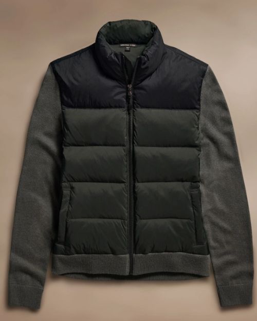 Two tone down front zip up sweater in dark green and black, featuring a zip-up design and a stylish, modern look.