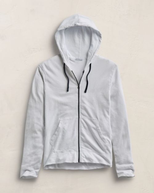 White vintage French Terry zip-up hoodie made from lightweight Supima cotton terry, featuring a front zipper.
