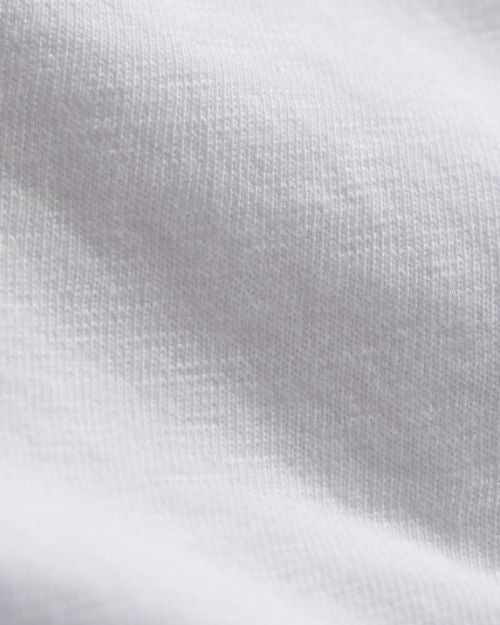 Close-up of a white vintage French Terry zip-up hoodie on a white background, showcasing its lightweight Supima cotton fabric.