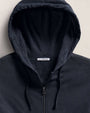 Vintage dark blue zip-up hoodie featuring a front zipper and a classic design.