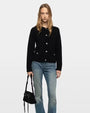 Black cardigan with silver star buttons styled with blue jeans