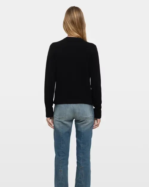 Back view of black long-sleeve cardigan with crew neck