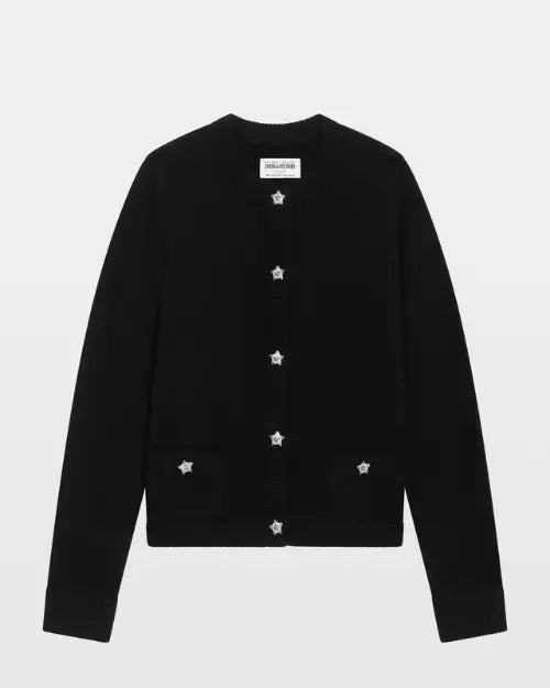 Black cardigan with silver star buttons and front pockets